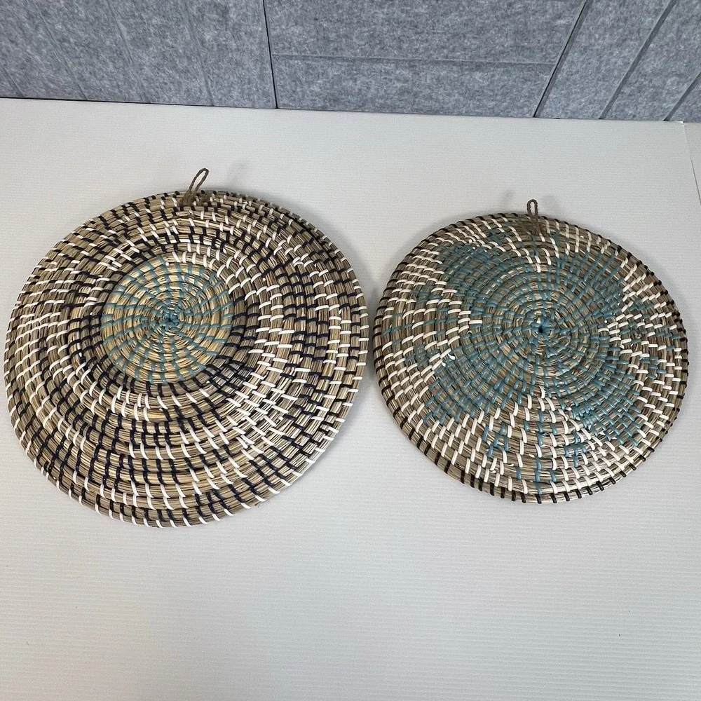 Set of 2 Woven Seagrass Wall Art Baskets Boho Decor Turquoise Blue Natural